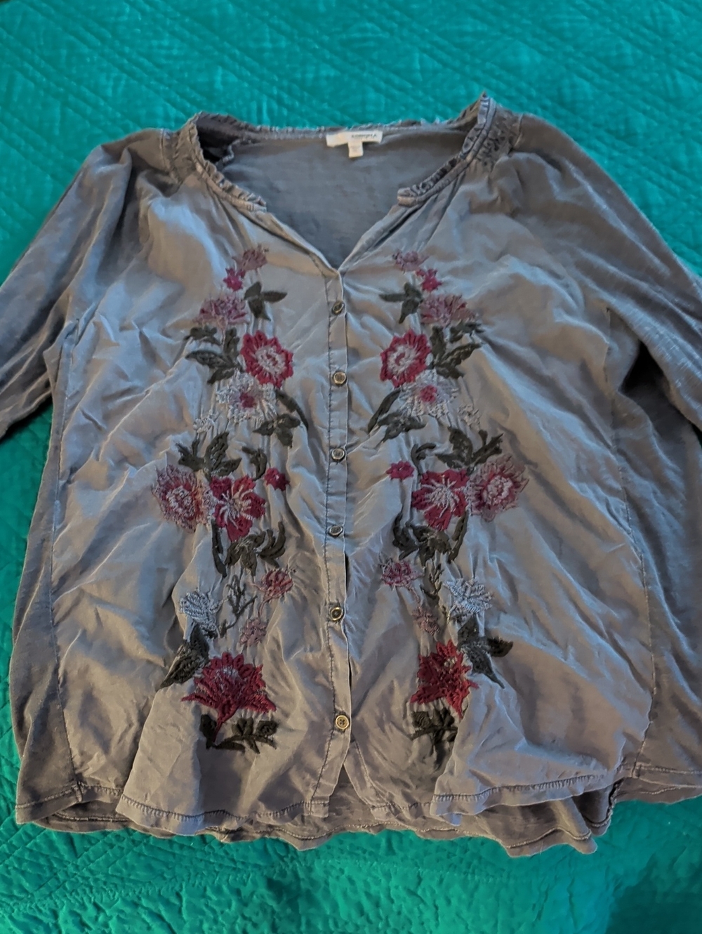 Sonoma Gray Button-Front Top with Pink Floral Embroidery